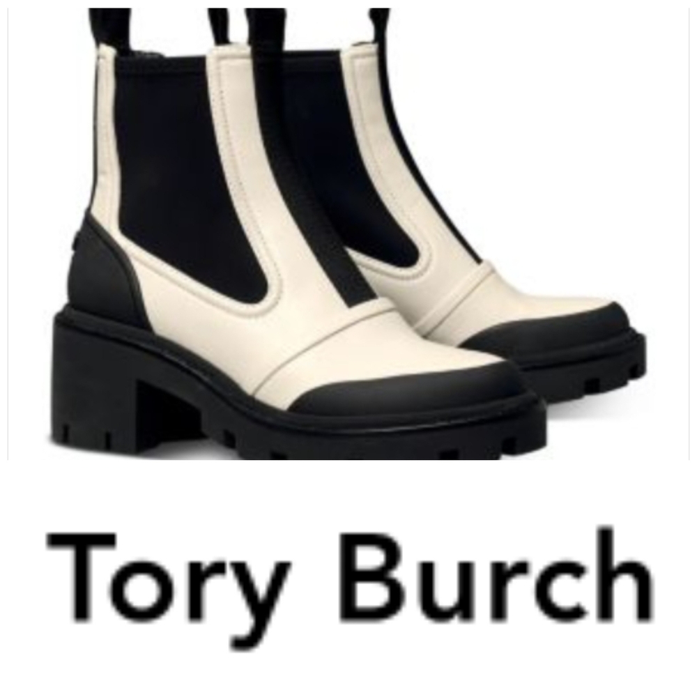 Tory Burch Chelsea Lug Sole Ankle Boots Black White Combat Boots NWT Logo Design